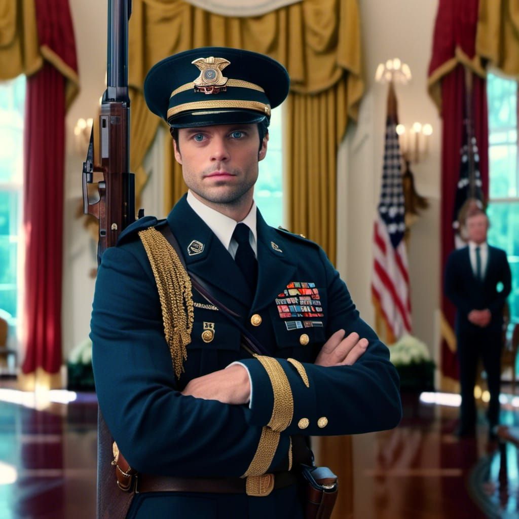 Sebastian Stan as a military security guard holding a rifle ...