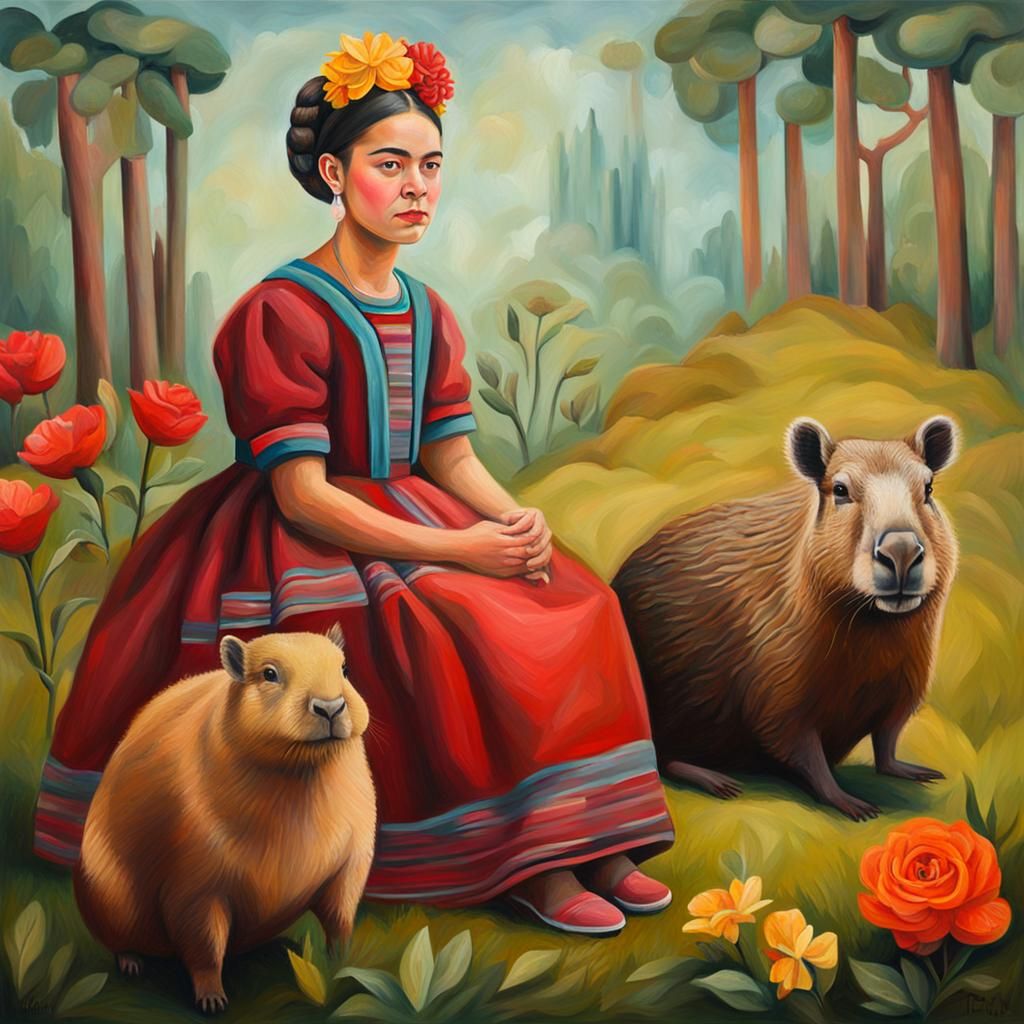 Woman and Capybaras