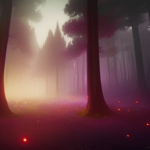 dark forest with tiny mystical colorful lights floating arou...