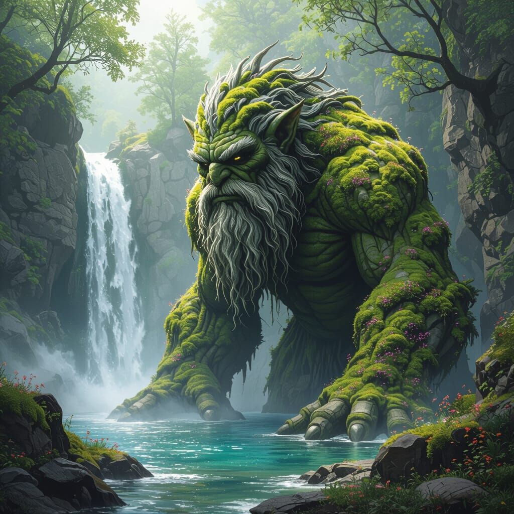 A colossal rock troll, weathered and ancient, stands guard over a hidden waterfall cascading into a crystal-clear pool. Lush, vibrant moss c...