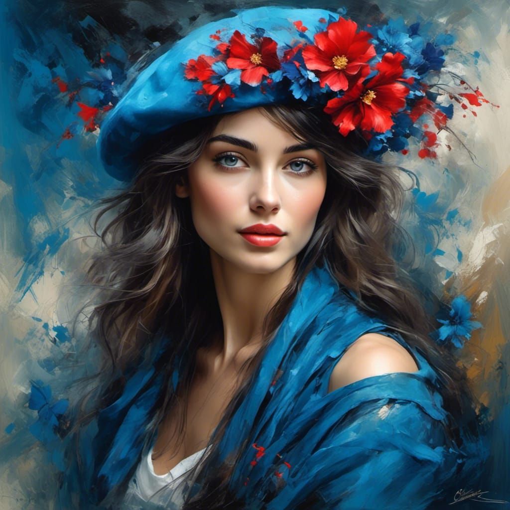 <lora:Nice Portrait:1.0> a beautiful French woman with blue beret , by Christoph Amberger" fantasy concept art,abstract flowery background ,...