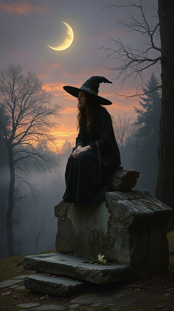 A witch sits contemplatively on a weathered stone altar, lost in thought as a crescent-lit twilight unfolds ...  by @morr5750