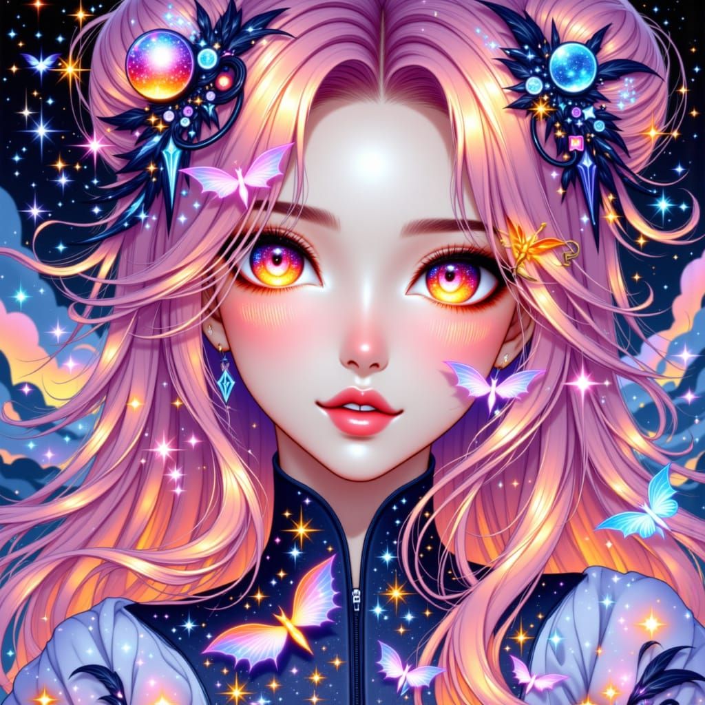 Star Beauty women insane cool Outfit big orange eyes and Long pink Hair with a rare bat Her facial features are delicately refined, with smo...