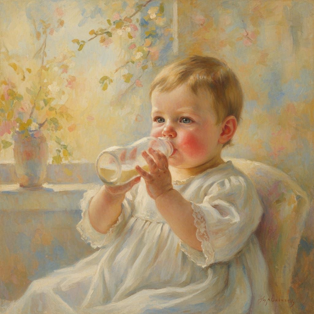 Baby Drinking Bottle in Soft Painterly Style