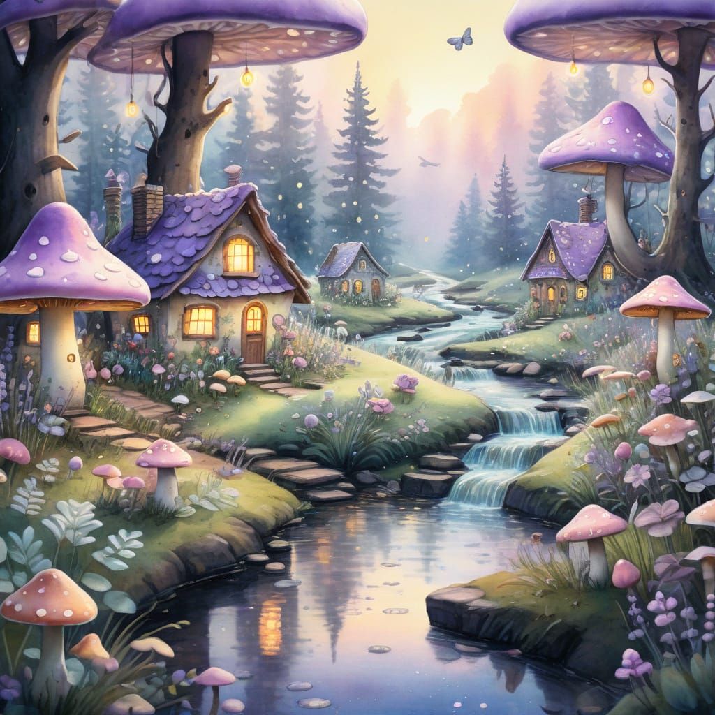 Whimsical Folk Art Scene with Mushroom Houses