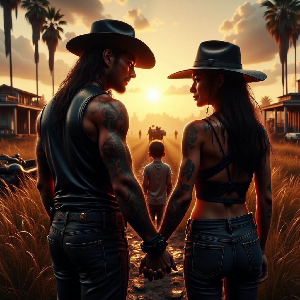 Transform the image with the  cinematic poster look and include a beat up black 79 chevy corvette on the side keep the man woman and child