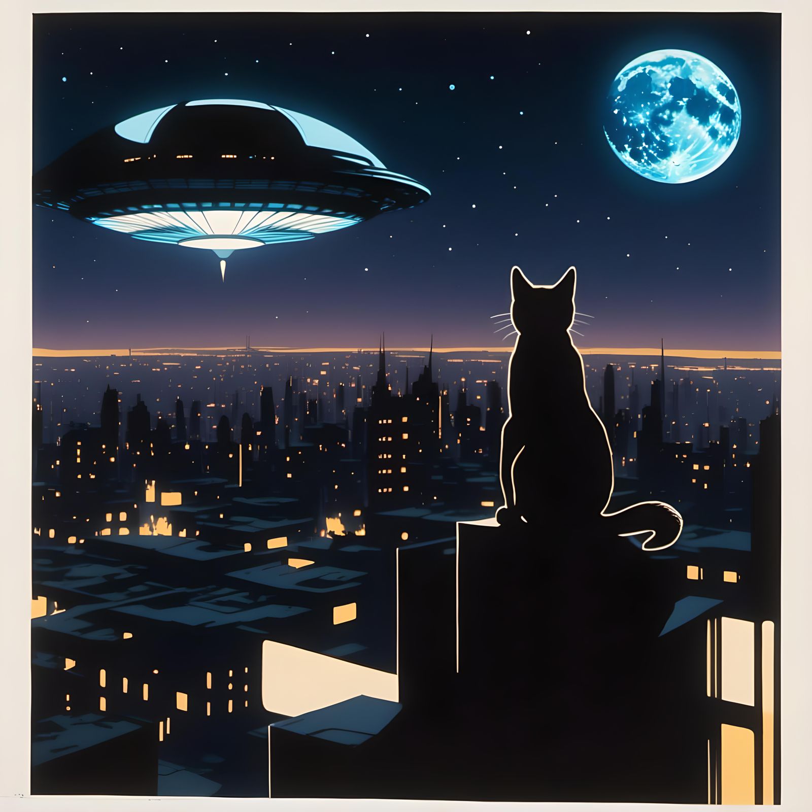 <lora:Retro Sci-Fi Utopia:0.7>
Liminal space type exterior. Silhouette of a cat sitting on top of a wall at night looking at the UFO in fron...