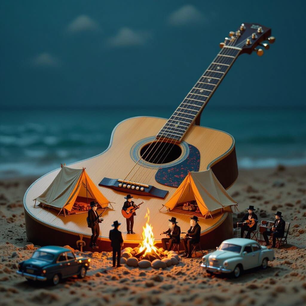 Miniature Haredi Campsite on a Giant Guitar