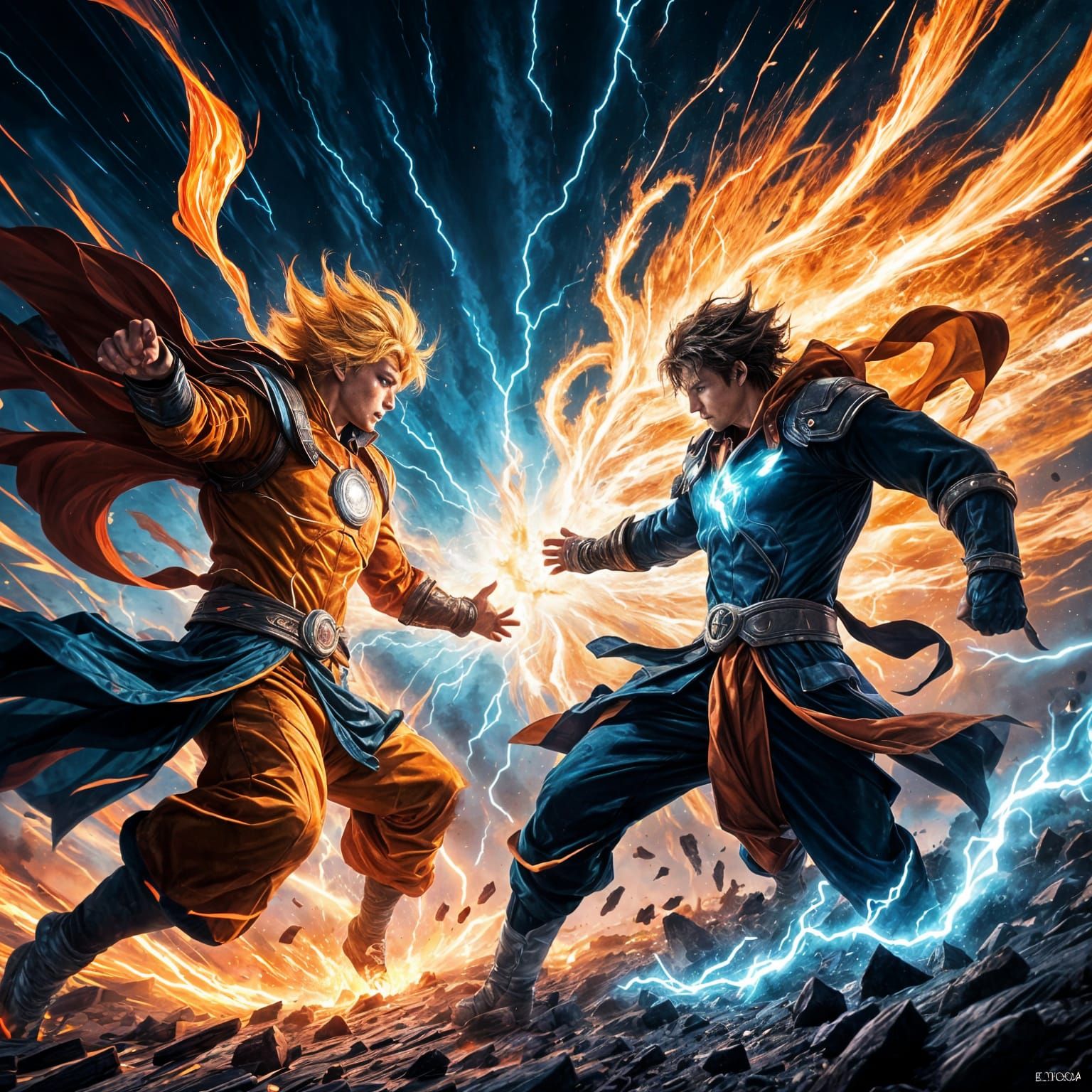 Two heroes dash toward each other amid a storm of flashing celestial elements. One is surrounded by a ...  by @undefined