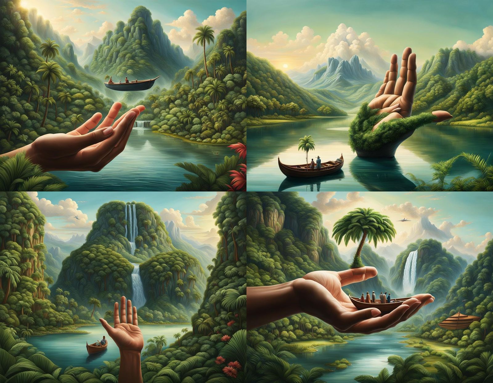 **A giant hand with the palm facing upwards, filled with gre...