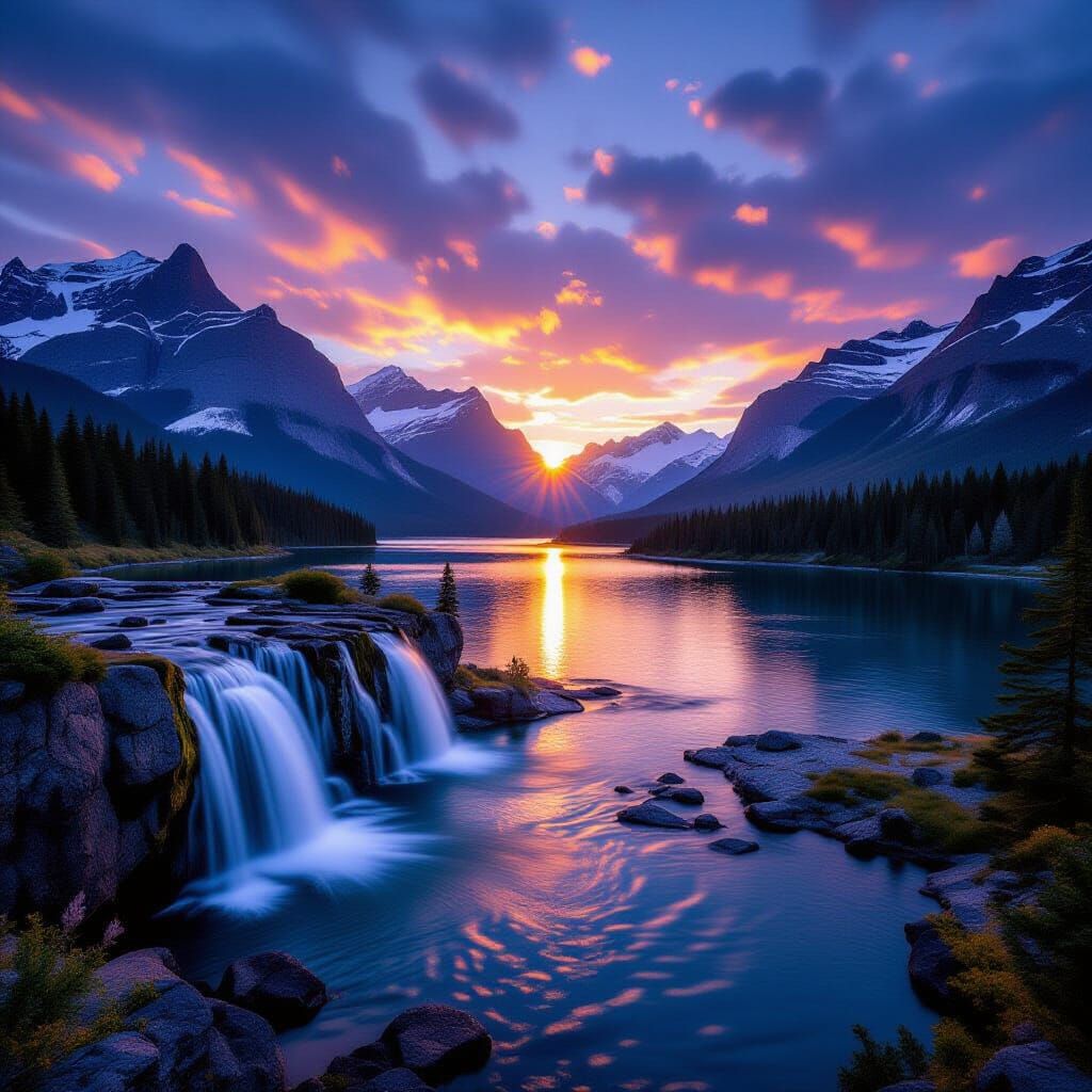 Mountain Lake Waterfall Landscape at Sunrise