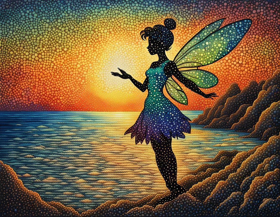 Tinkerbell, full body, sunset, ocean in the background ; grainy ...