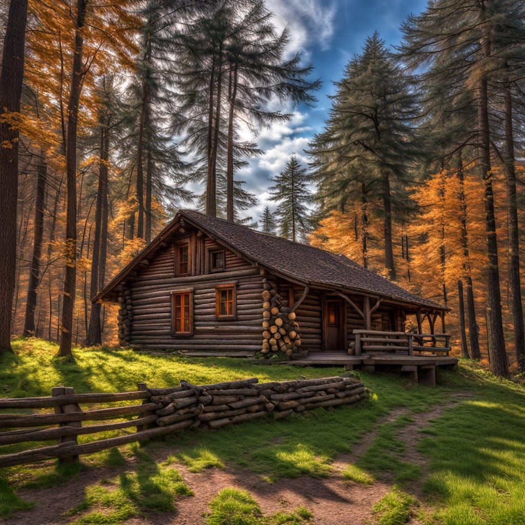 A log cabin in the woods. Intricate details, HDR, beautifully shot, hyperrealistic, sharp focus, 64 megapixels, perfect composition, high co...