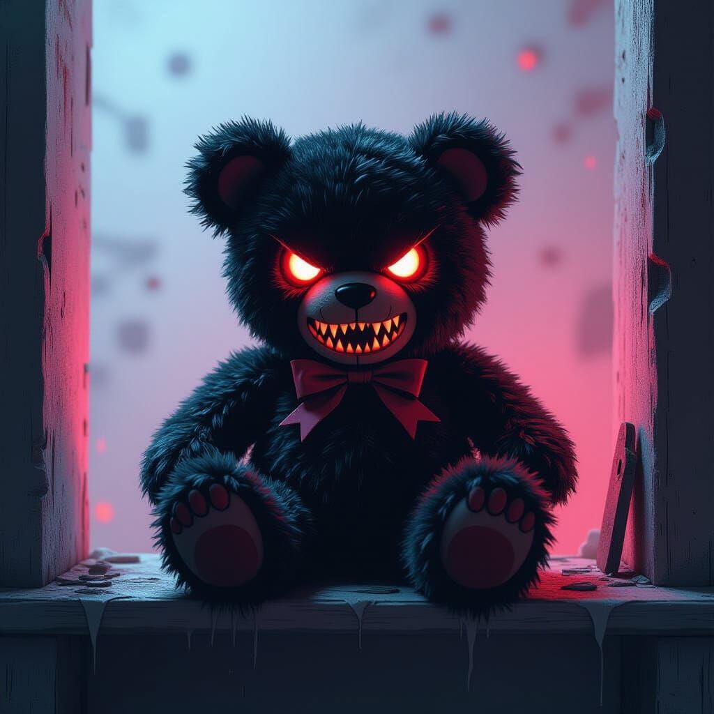 an Evil Stuffed bear Animal, reddish eyes, fangs, sits on top shelve, dim light, dark nigh, 9k reslolution, ...  by @TheHumanArt