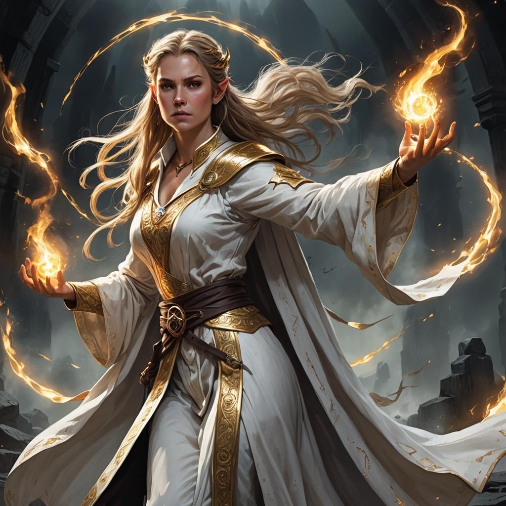 Female Half elf Celestial warlock. She is beautiful with darkblonde hair in a half-pony tail. She is casting a spell that looks like a seari...