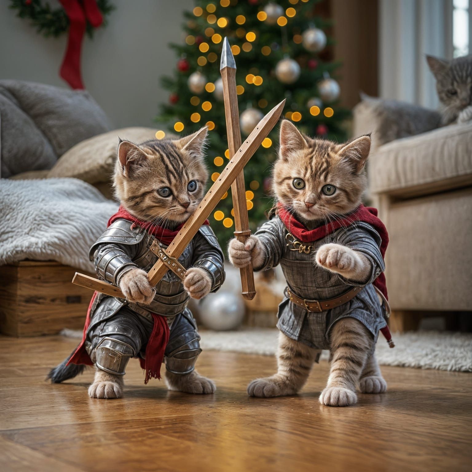 Whimsical Holiday Kitten Duel in Cozy Living Room
