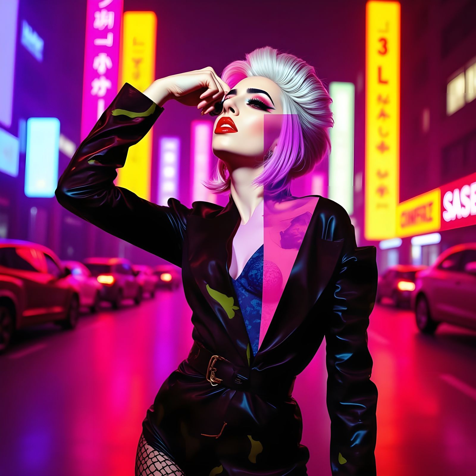 <lora:BehindTheAurA:1.0> Collage High‑fashion editorial close-up portrait of Lady Gaga, gothic cyberpunk, haute couture, pop‑art color block...