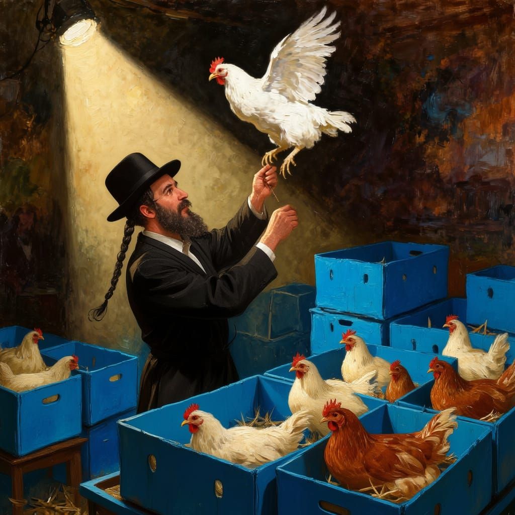 Chasidic Man Performing Kapparot Ritual with Chickens