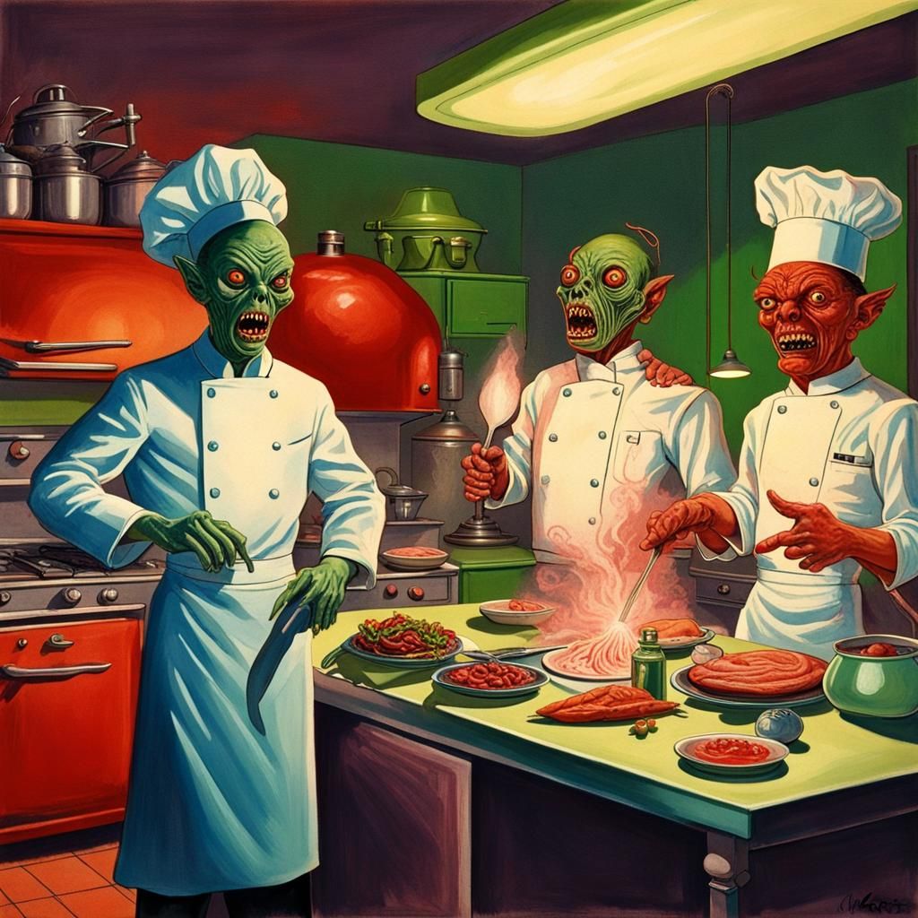 demonic aliens in a 1940s commercial kitchen, fine art food,...