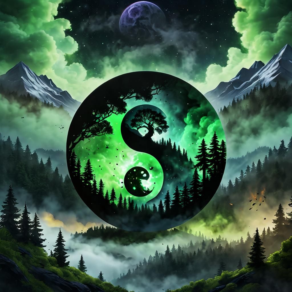 (UV Glow) yin yang symbol, one half with a detailed silhouette of a mountainous view of a night sky, the other half a magical green forest,...