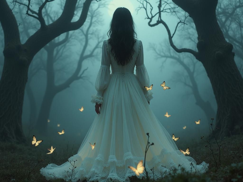 Melancholic Woman Surrounded by Ethereal Butterflies