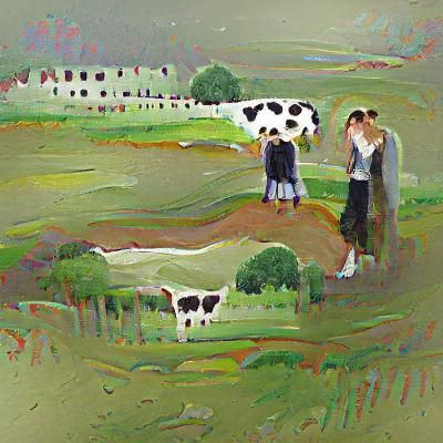 Young couple on farm with fields of cows