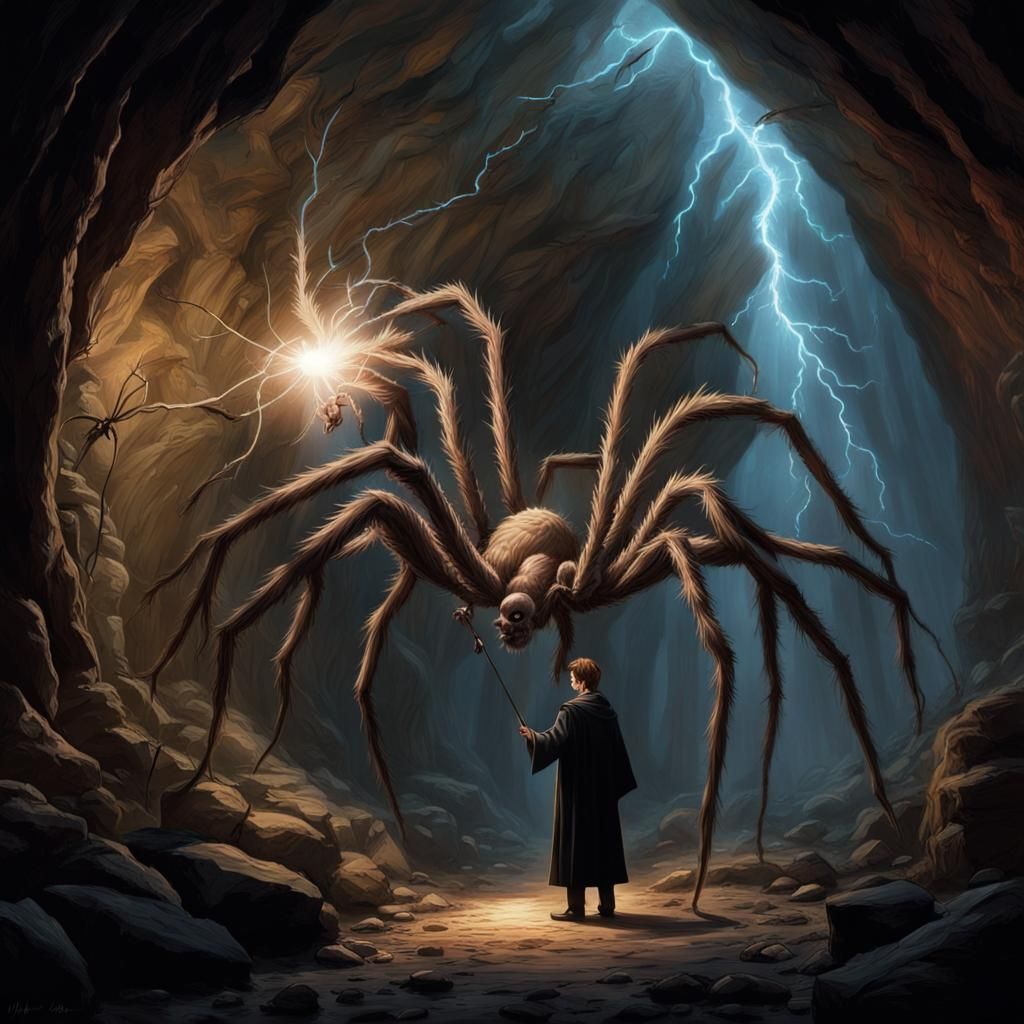 Harry Potter in the cave of the giant spiders stretches out his wand