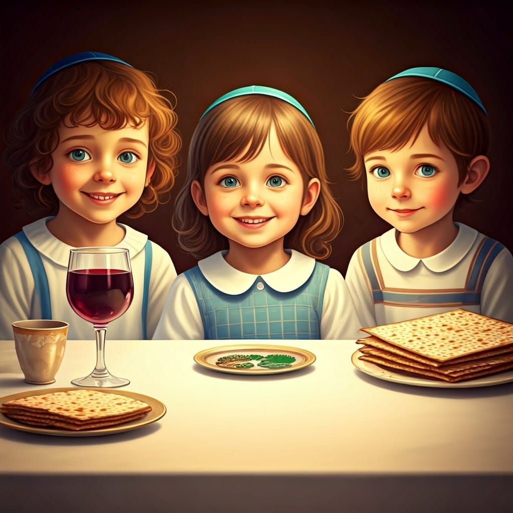 Joyful Children Gather Around a Traditional Passover Seder i...