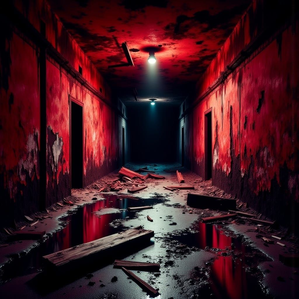 <lora:Morbid:1.0> a highly detailed, eerie image of a long, decaying tunnel. The walls and ceiling are stained with a vivid blood-red hue, c...