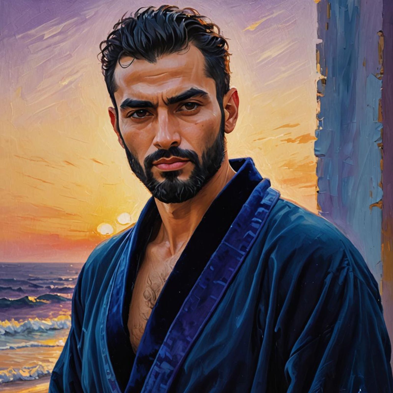 Taqádum, a handsome Egyptian with black hair and beard wearing blue ...