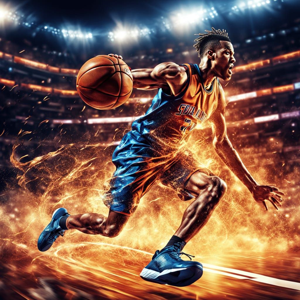 A spectacular action frozen in mid-air during a basketball game.   by @El3ttrikaPsik3