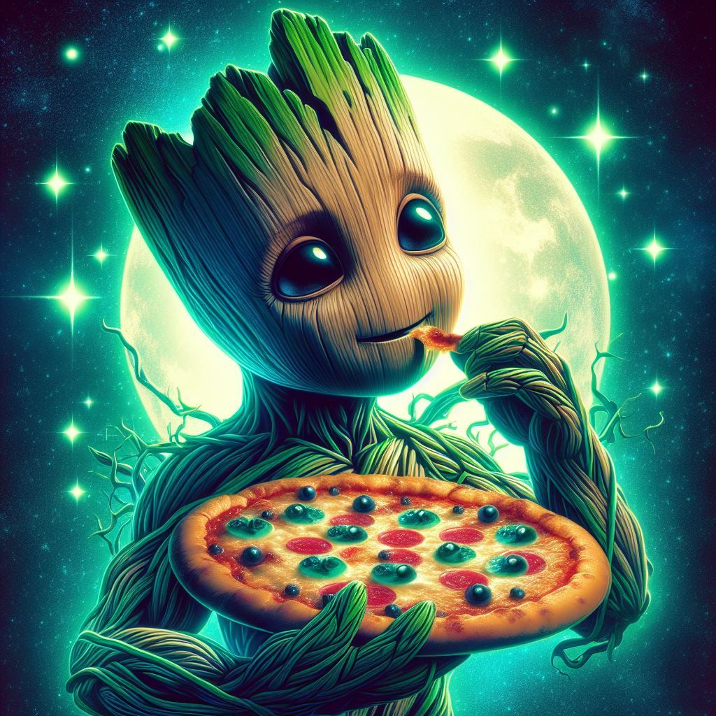 Baby Groot eating a Pizza  by @Kotori