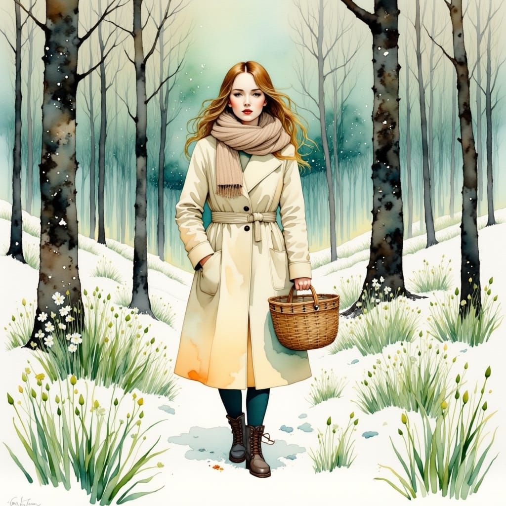 <lora:Dreamy watercolor:1.0> A girl in a light coat with a wicker basket goes to a snowy forest for snowdrops,Conrad Roset,fairytale