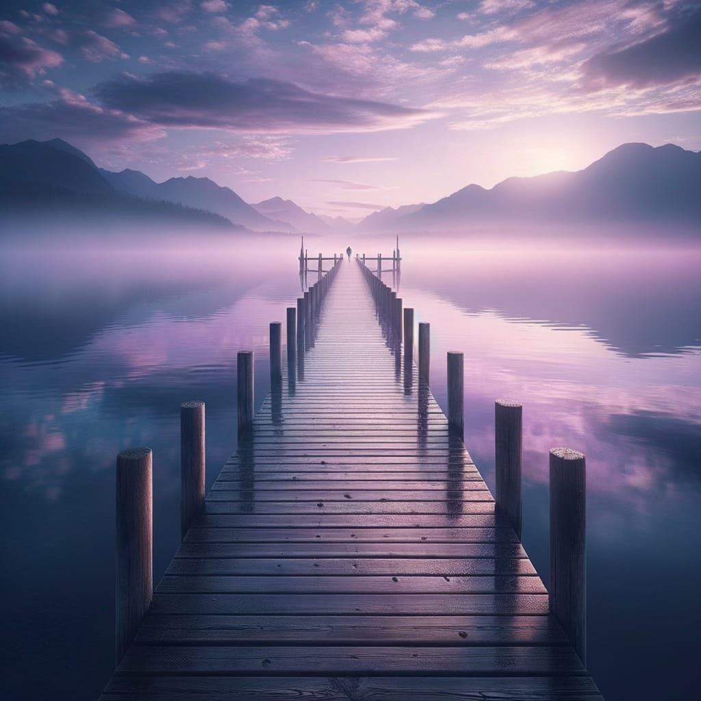 Capture a solitary wooden pier extending into a misty lake at dawn under a lavender and blue sky. Focus on the texture of the weathered wood...