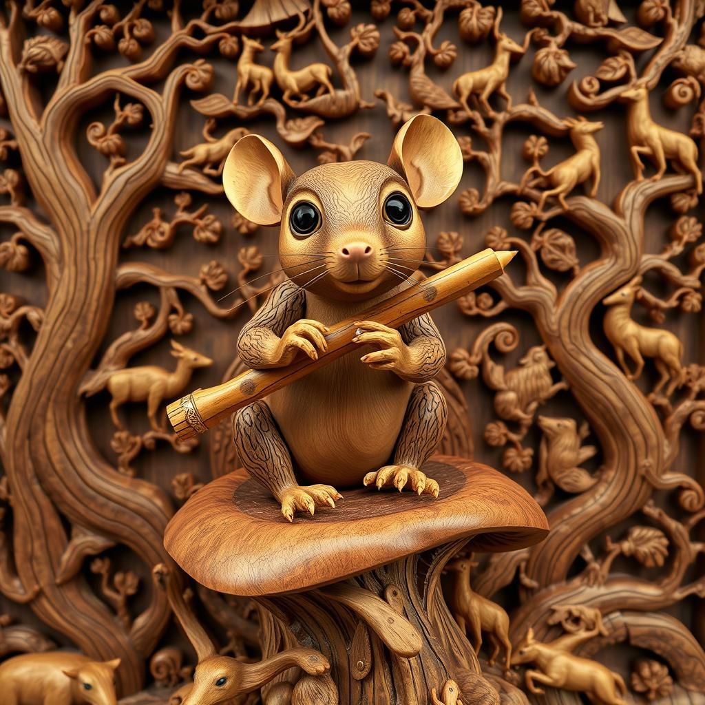Carved rat on intricate wooden animal background.  by @Capn Badger