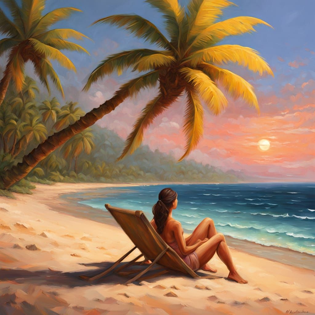 A figure sits beneath towering coconut trees on a serene beach, gazing at the ocean,Only worry in the world is the tide going to reach my ch...