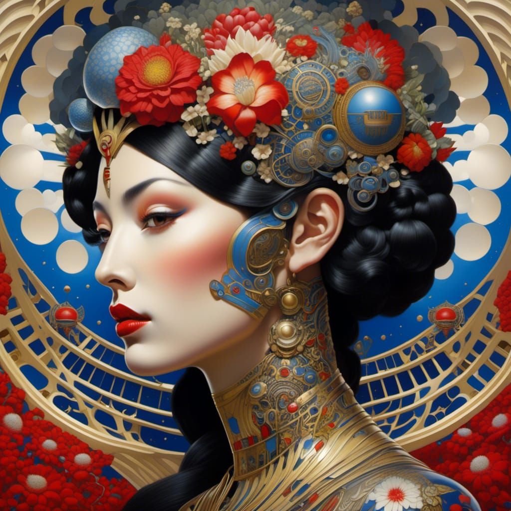 <lora:Mindfulness:1.0> hyperdetailed, head painting of a Polynesian tattooed Goddess; inside the Polynesian God's tropical flower tattooed h...