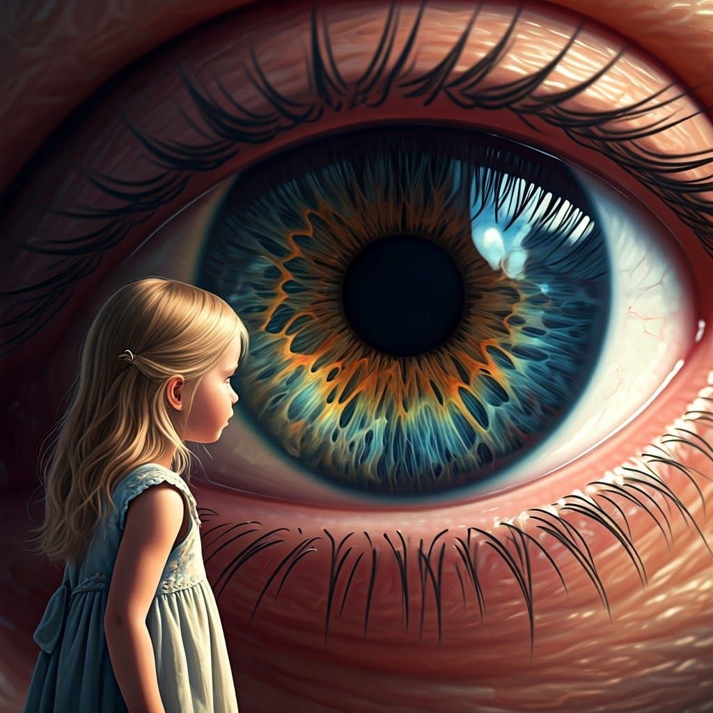 Girl Gazing into a Cosmic Eye in Surreal Fantasy Art