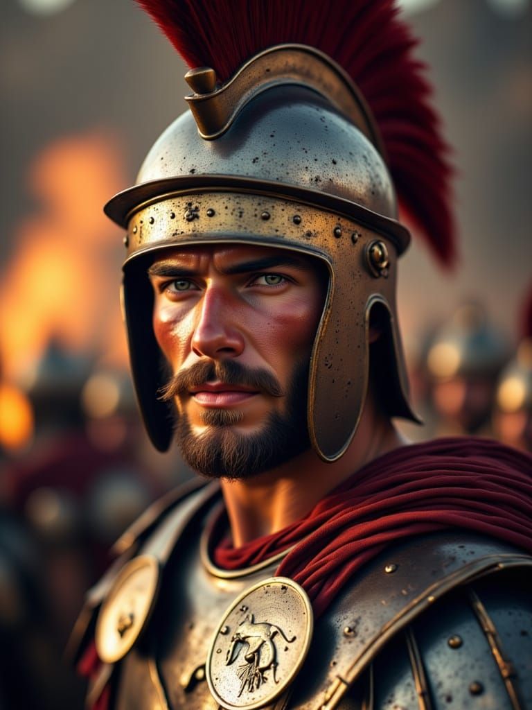 A close-up portrait of a handsome Roman centurion <lora:SPQR male:1.0> , his face weathered and scarred, but his eyes full of wisdom and res...