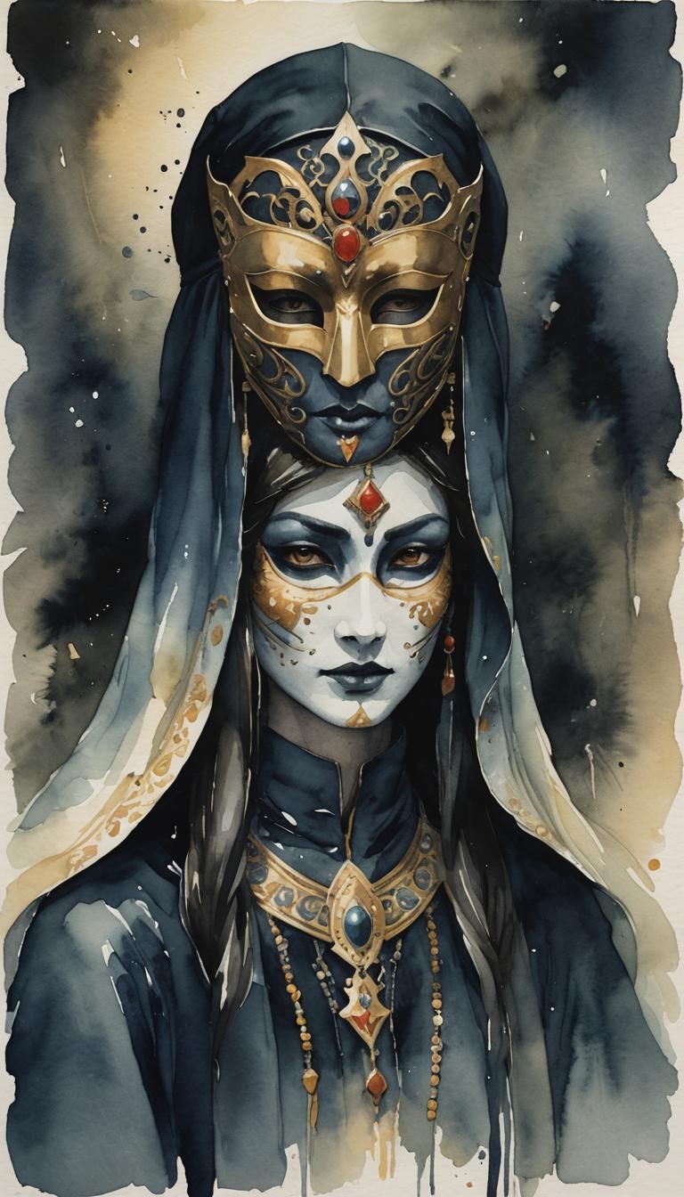 A dark and moody watercolor painting of a priestess wearing a mask - AI ...