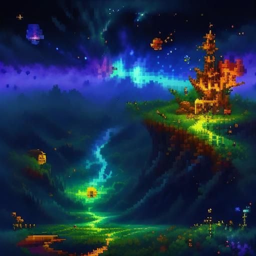 <lora:Spirit World:1.0> A pixel art landscape at night with ...