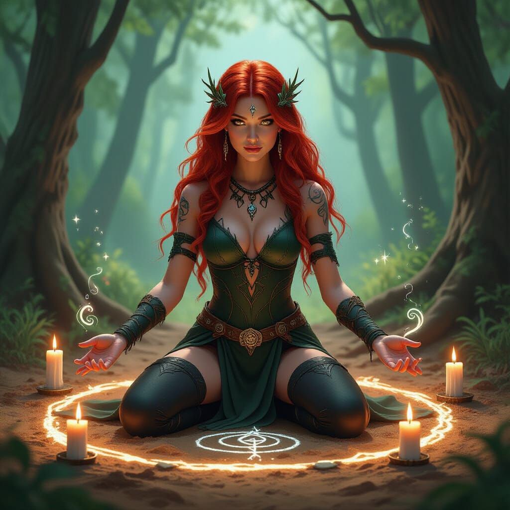 Red headed female, covered in wode swirls and magical symbols that glow faintly.  She is in a forest glade, kneeling in the middle of a circ...