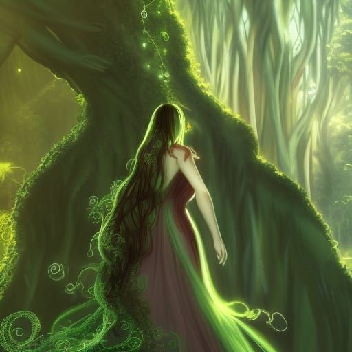 Dryad in a green dress walking down a vine covered staircase celshaded