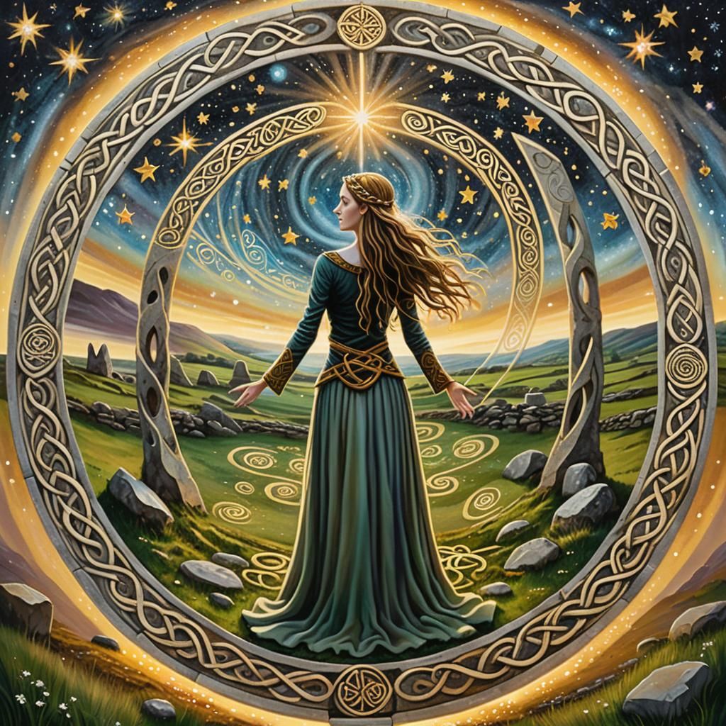The raidant goddess of time and fate Arianrhod standing in a...