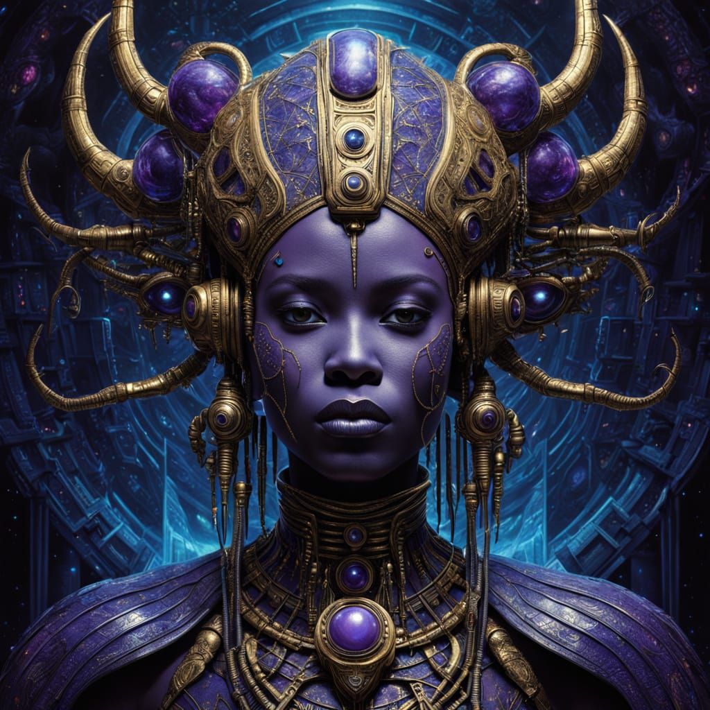  A regal Afrofuturist queen with intricate bioluminescent markings and cybernetic enhancements, standing against a backdrop of a nebulae-fil...