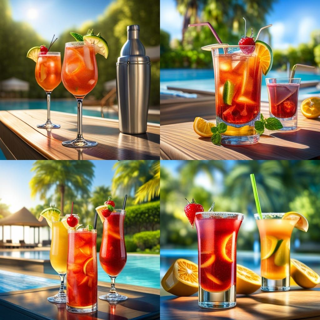 Cocktail drinks poolside by beautiful summer oasis, beautifu...