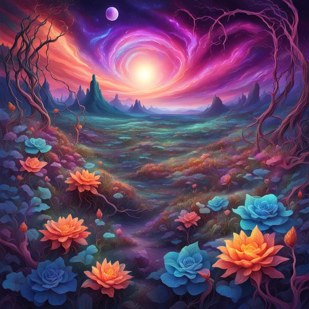 Desolate wasteland with overgrown vines and flowers
