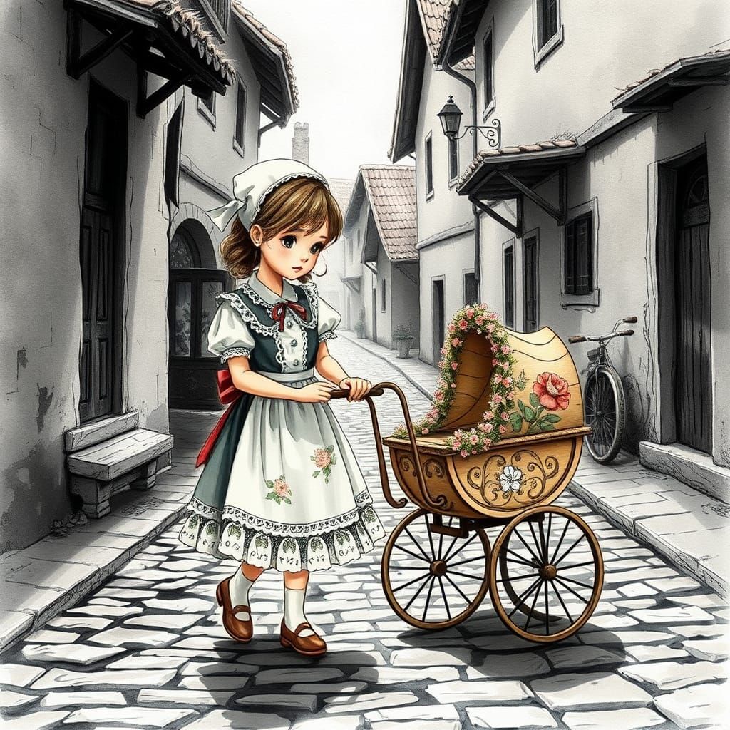 Little girl walks through the village with her doll carriage...
