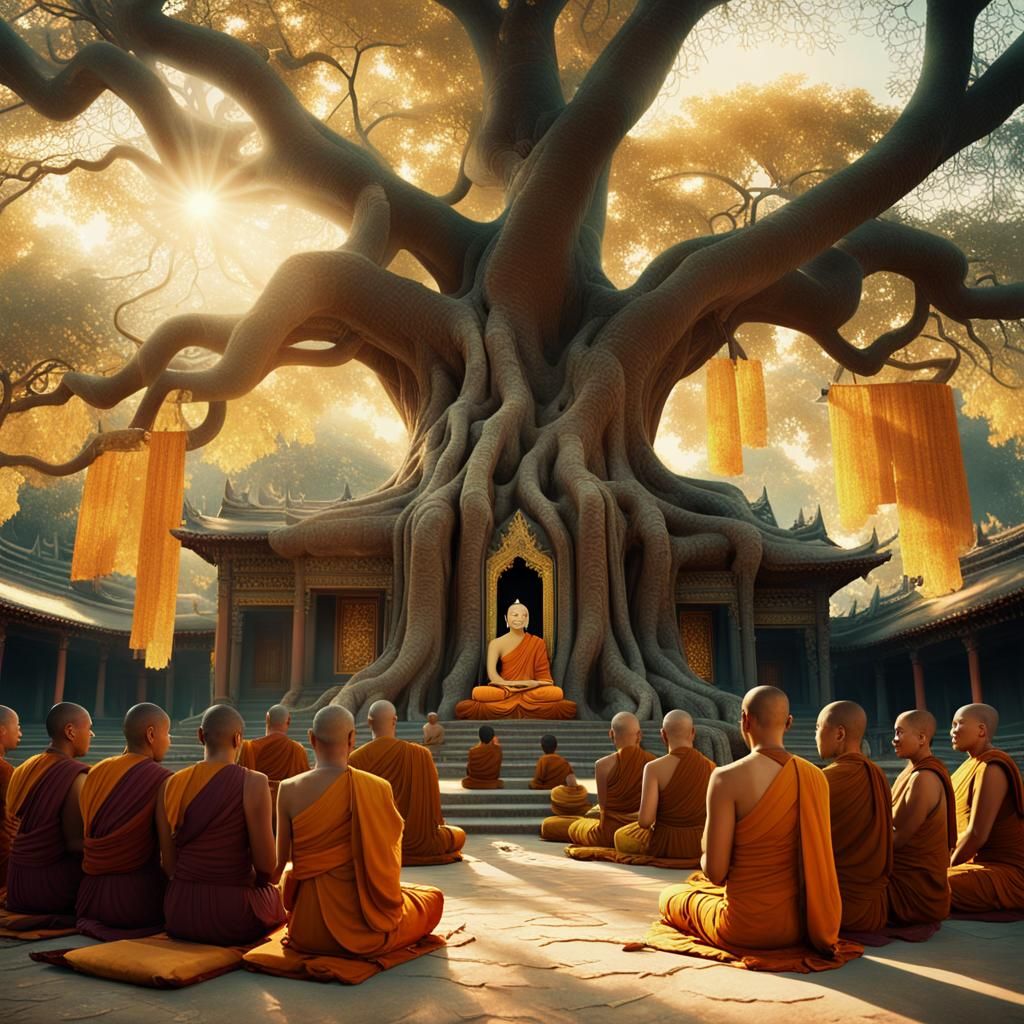 Monks Gather Under Bodhi Tree: Cinematic Matte Painting