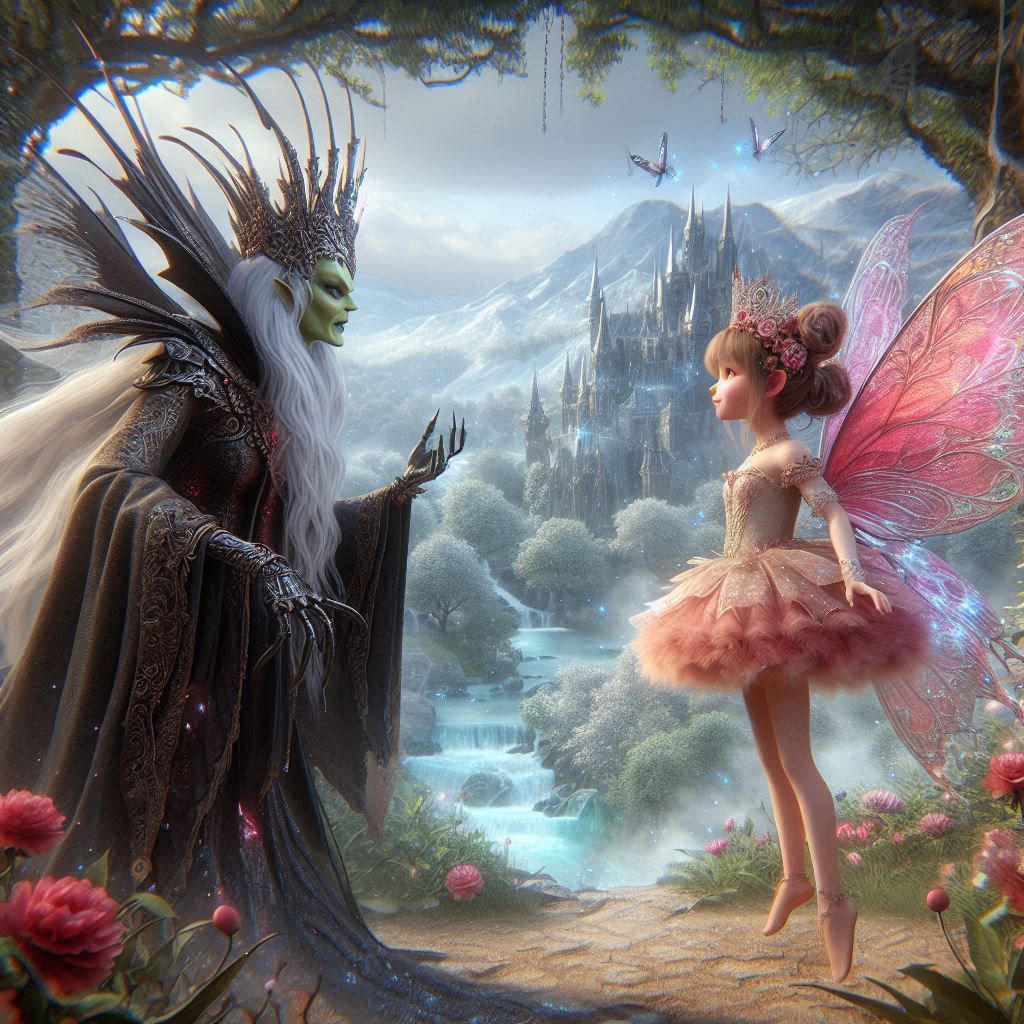 a highly detailed, realistic image of a evil queen and a cut...